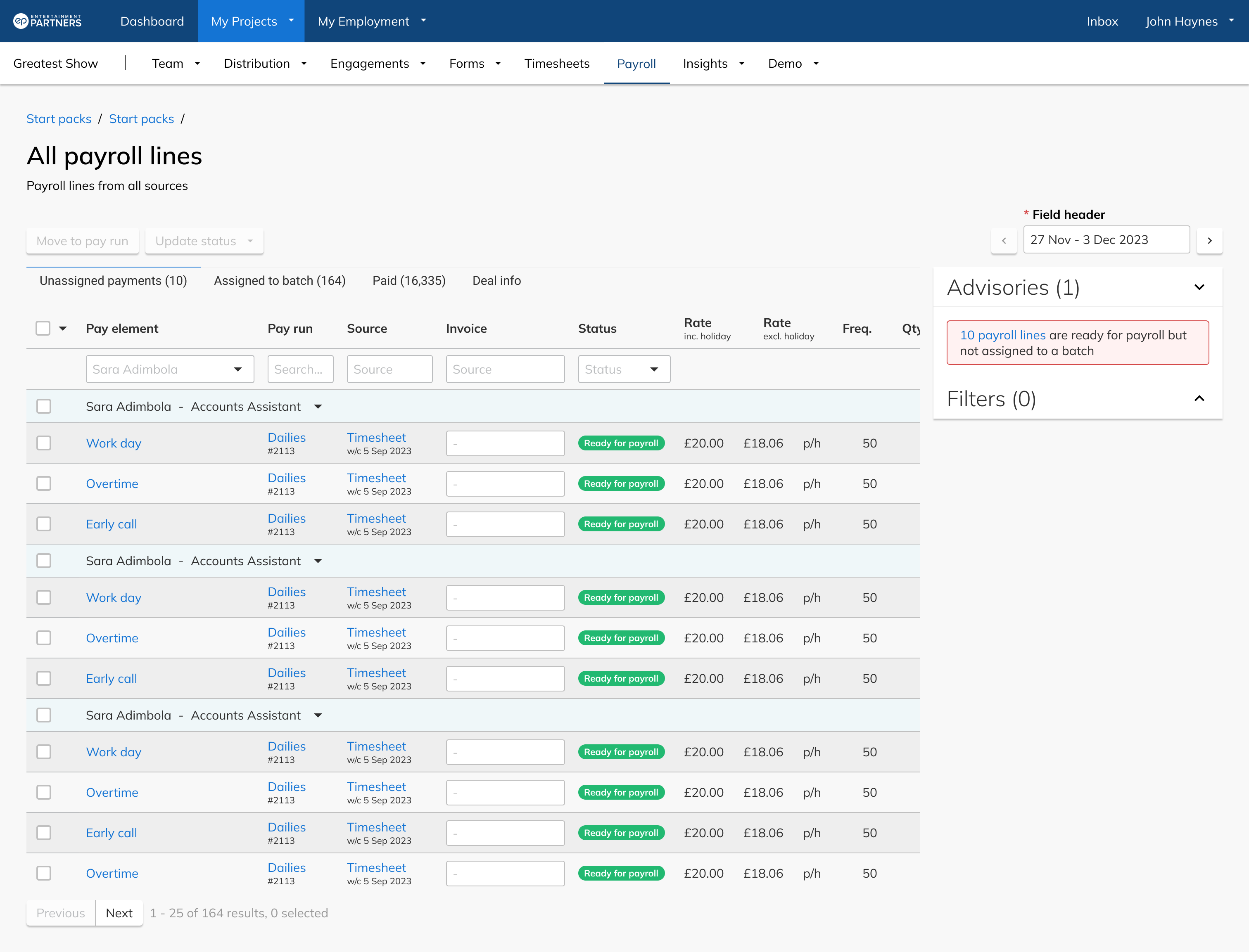 Drill-down view grouped by department showing individual payment status