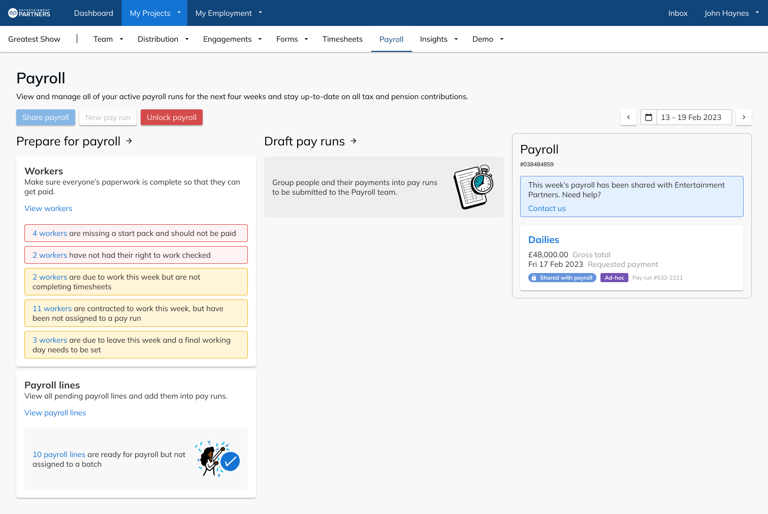 Unified payroll hub interface showing all pay runs, statuses and blockers in a single view