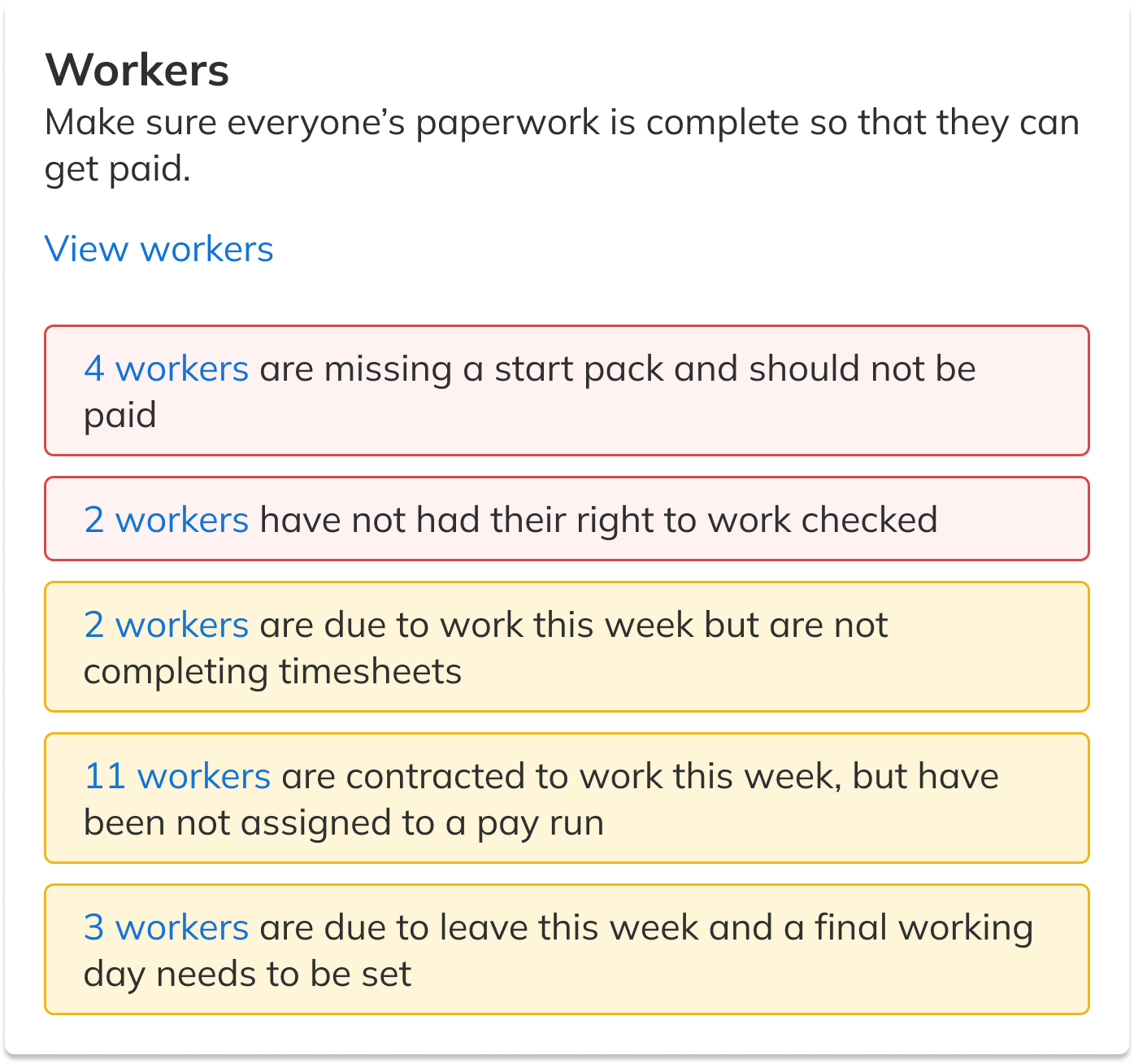 Panel showing alerts for different worker scenarios