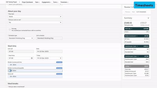 Timesheet approval view with edited values highlighted