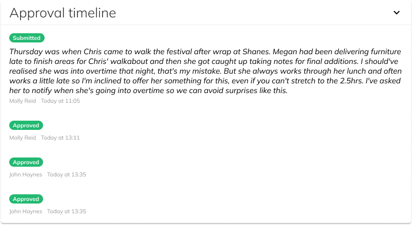 Change history log showing timestamped edits