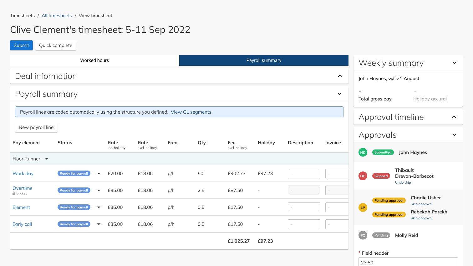 Financial summary view showing running totals against production budget