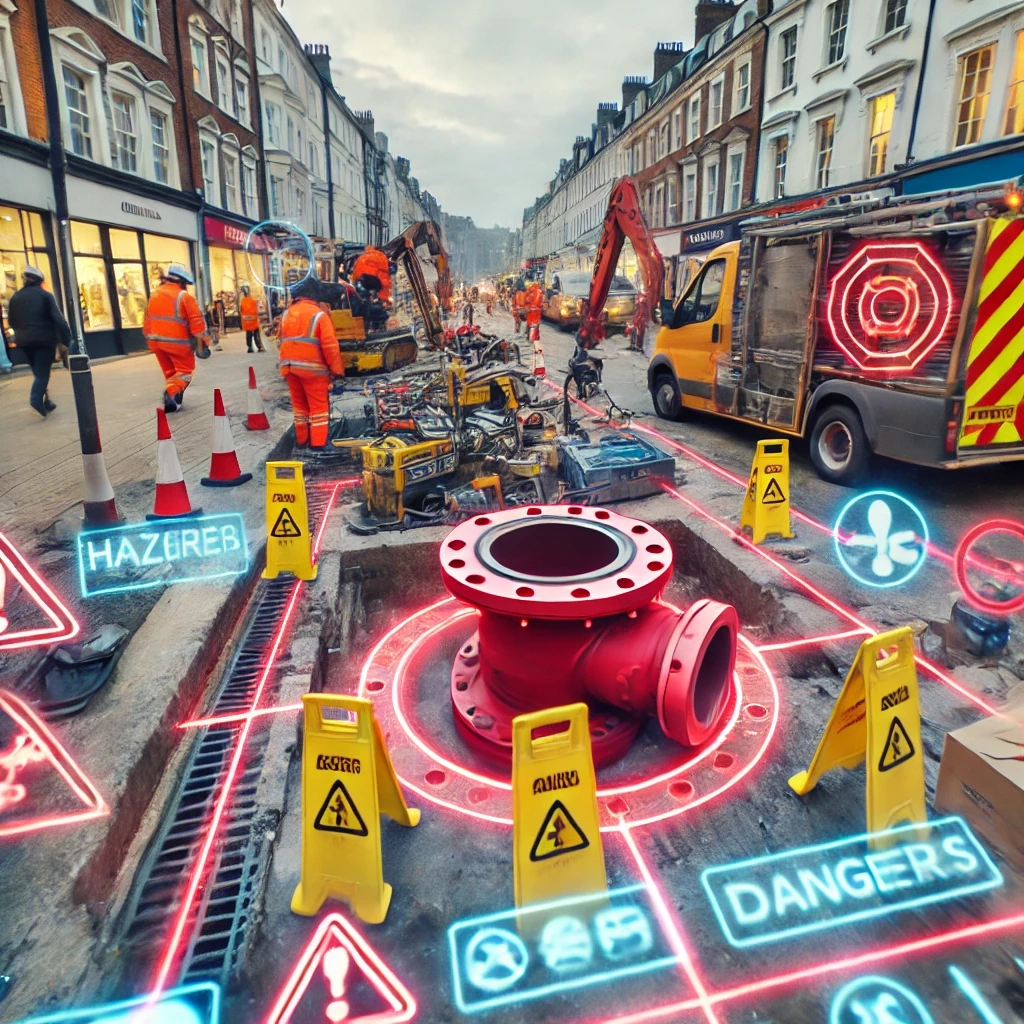 Stylised illustration of an AR overlay surfacing hazard zones over a real street works site