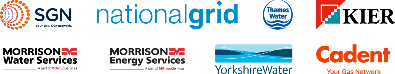 Logos of seven utility partners engaged in FYLD's discovery: SGN, National Grid, Thames Water, Kier, Morrison Water Services, Morrison Energy Services, Yorkshire Water, Cadent