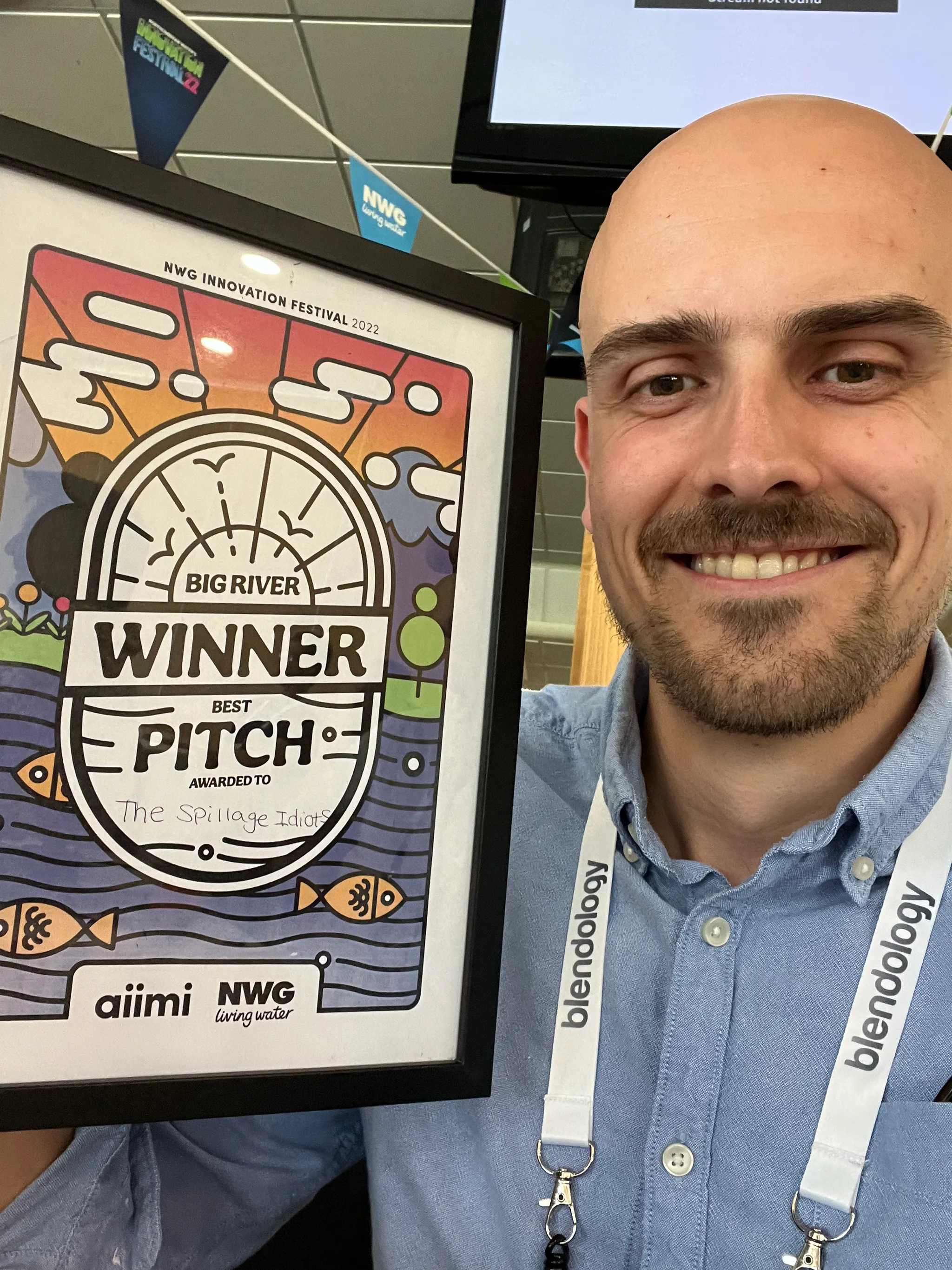 John Haynes with the Best Pitch award certificate from the NWG Innovation Festival 2022, awarded to The Spillage Idiots